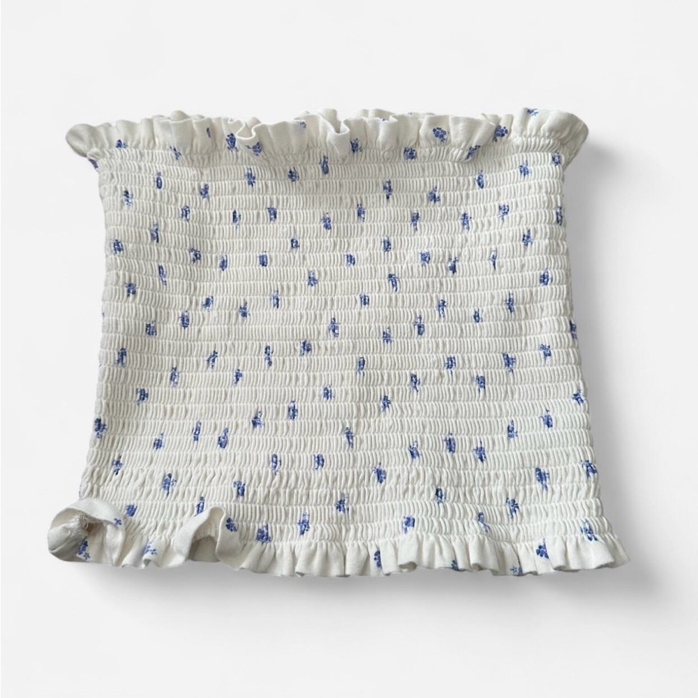 White and Blue Smocked Ruffle Top